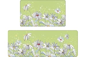 Serwrsw White Daisy Flower Kitchen Mats 2 Piece for Floor, Cute Floral Kitchen Rugs Sets of 2, Non Slip Washable, 17"x47"+17"x29", Lime Green