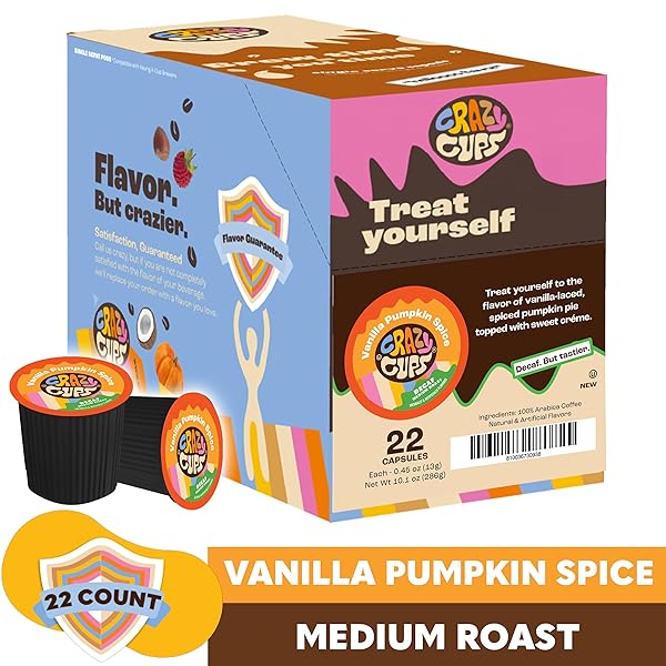 CRAZY CUPS DECAF FLAVORED VANILLA PUMPKIN SPICE COFFEE PODS, RECYCLABLE MEDIUM ROAST SINGLE SERVE FOR KEURIG K MACHINES, BREW HOT OR ICED, 22 COUNT (PACK OF 1)