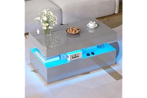 LUXOAK Coffee Table with LED Light, Modern High Gloss Finish Center Table with 2-Tier Storage Space, Minimalist Coffee Table 
