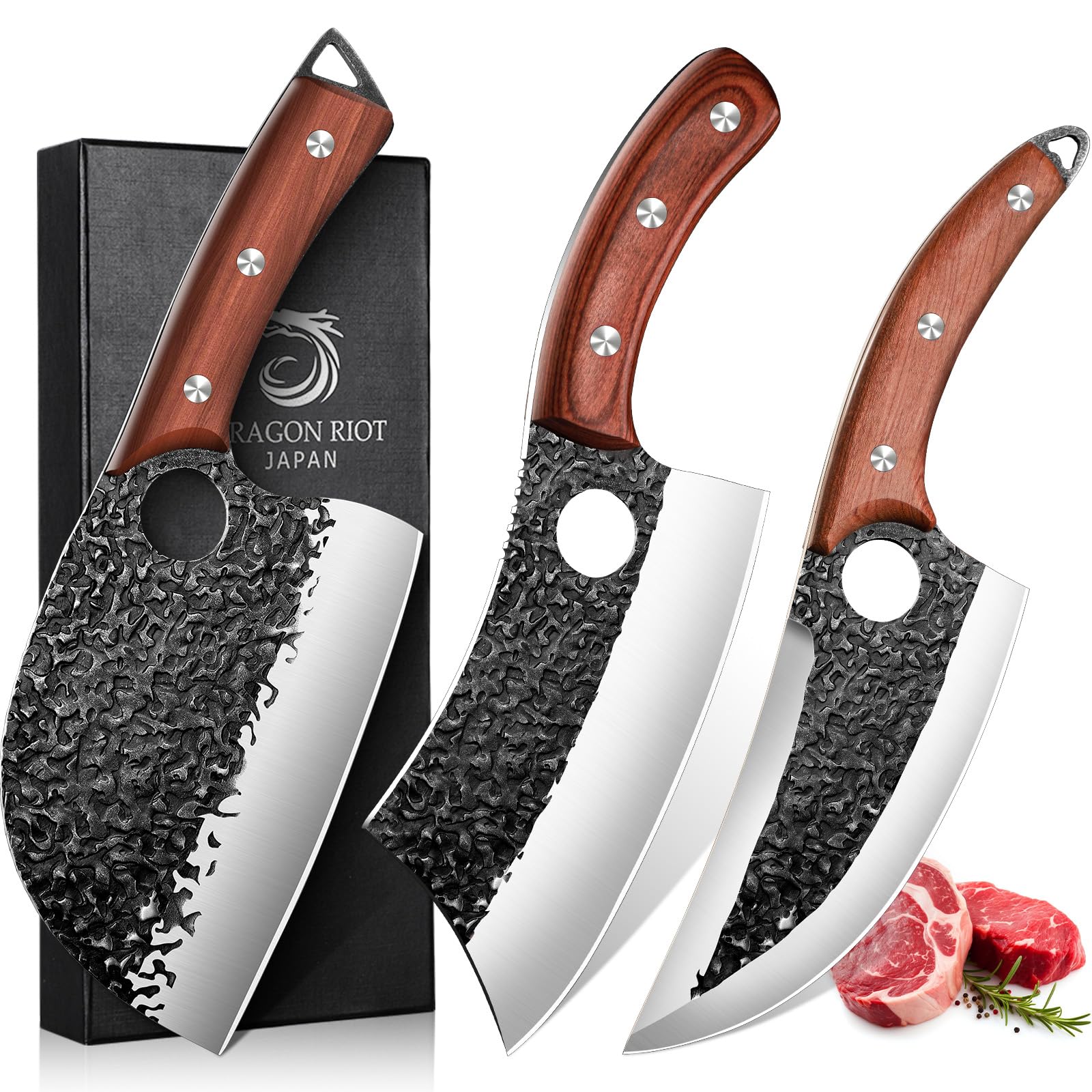 Photo 1 of DRAGON RIOT Professional Butcher Knife Set for Meat Processing, 3Pcs High Carbon Steel Hand Forged Serbian Cleaver Chef Knife Set with Ergonomic Handles for Kitchen Outdoor Cooking