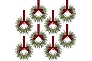 Dingion 8 Pcs 9.8" Small Christmas Cabinets Wreaths Mini Wreaths for Kitchen Window Chair Backs with Ribbon Bell Artificial Greenery for Farmhouse Holiday Decoration(Velvet,Classic,Deep Red)
