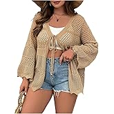 Verdusa Women's Plus Size Cardigan Bow Tie Hollow Out Cardigans Sweaters Sheer Crochet Knit Outwear