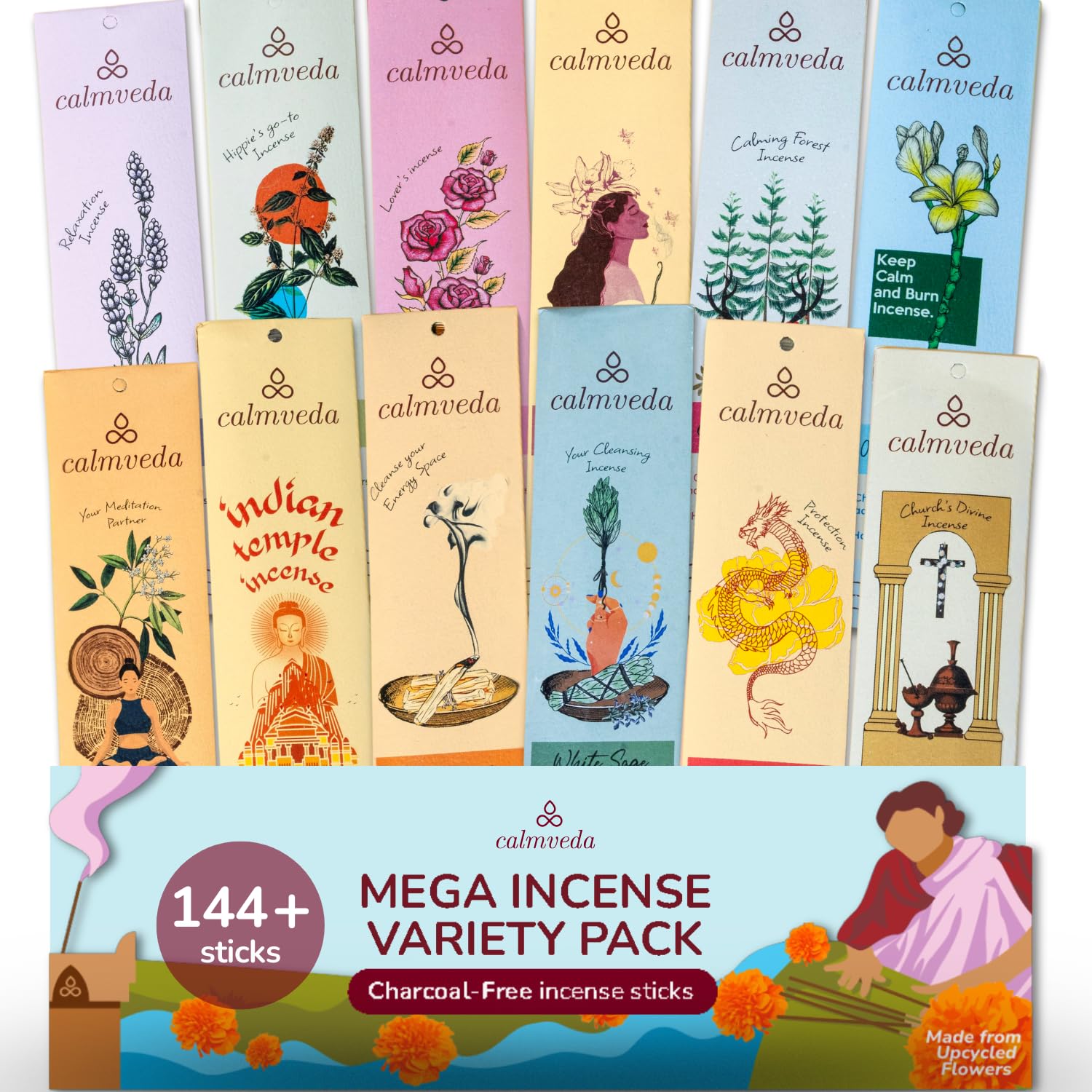Photo 1 of CALMVEDA Natural Incense Sticks Mega - Variety Pack (144 Insence-Sticks Bulk, 12 Aromas) Clean No Charcoal, Made from Upcycled Flowers | Organic Incense Stick Non Toxic (Slow Burn, Longlast)
