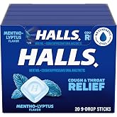 HALLS Cough &amp; Throat Relief Mentho-Lyptus Cough Drops, 180 ct | No Synthetic Dyes, 20 Sticks of 9