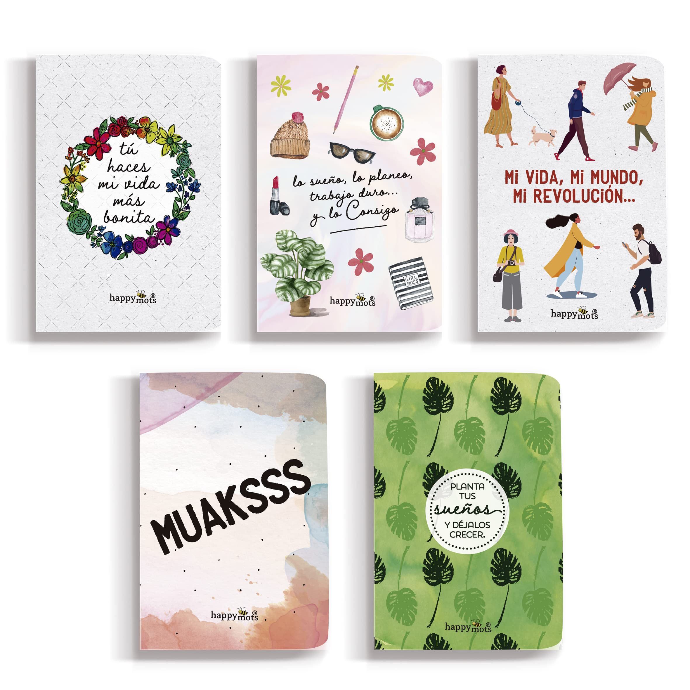 HappyMots Pack of 5 A6 Notebooks | 5 Different Designs | Beautiful Notebooks for Writing or Drawing | 14.8 x 10.5 cm | Smooth A6 Notebook | Small Notebooks | Ideal for Gifting or Bullet Journal