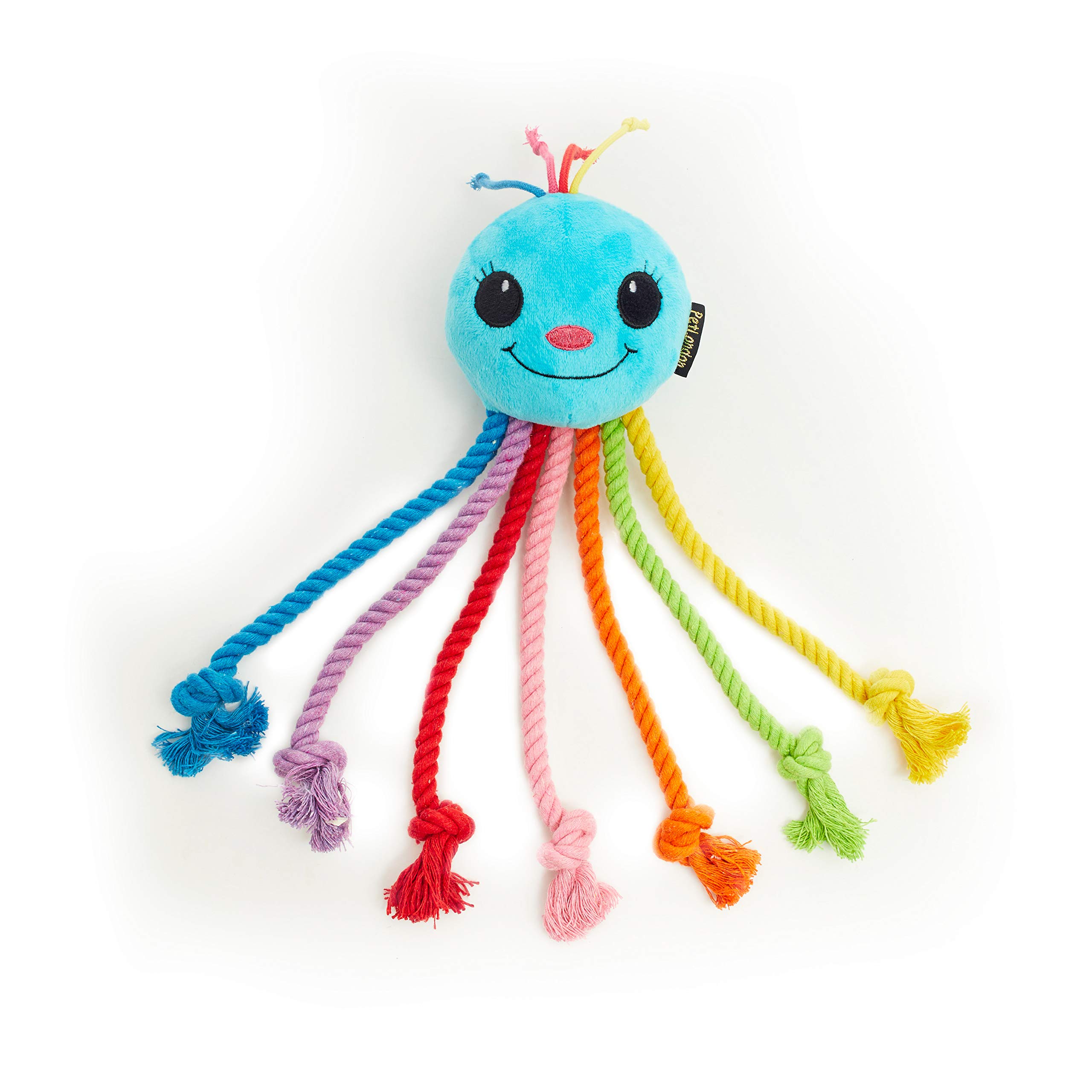Pet London Rainbow Octopus Puppy Teething Rope Chewing Toy 12" - Soft Plush Puppy with Squeaker Inside - 7 Dangling Multicolour Rope Legs - Great Tug Training Teething Toy With Flossing Action