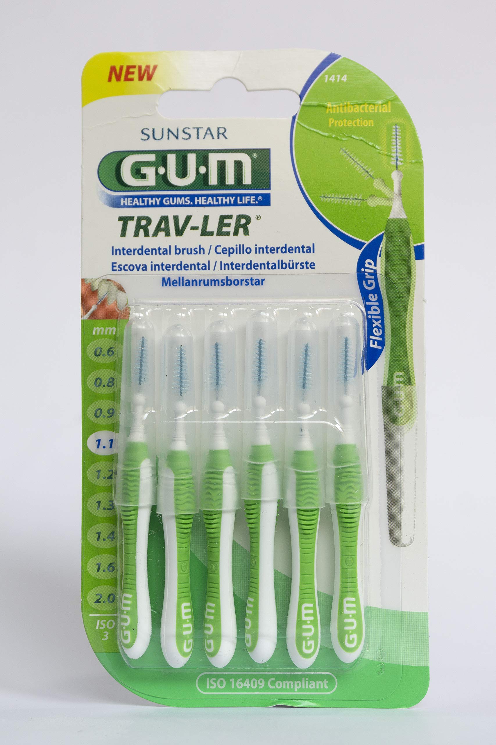 GUM Trav-ler Interdentalbrushes 6 piece ISO 3 Green 1.1mm, pack of 3 (3x 6 pieces)