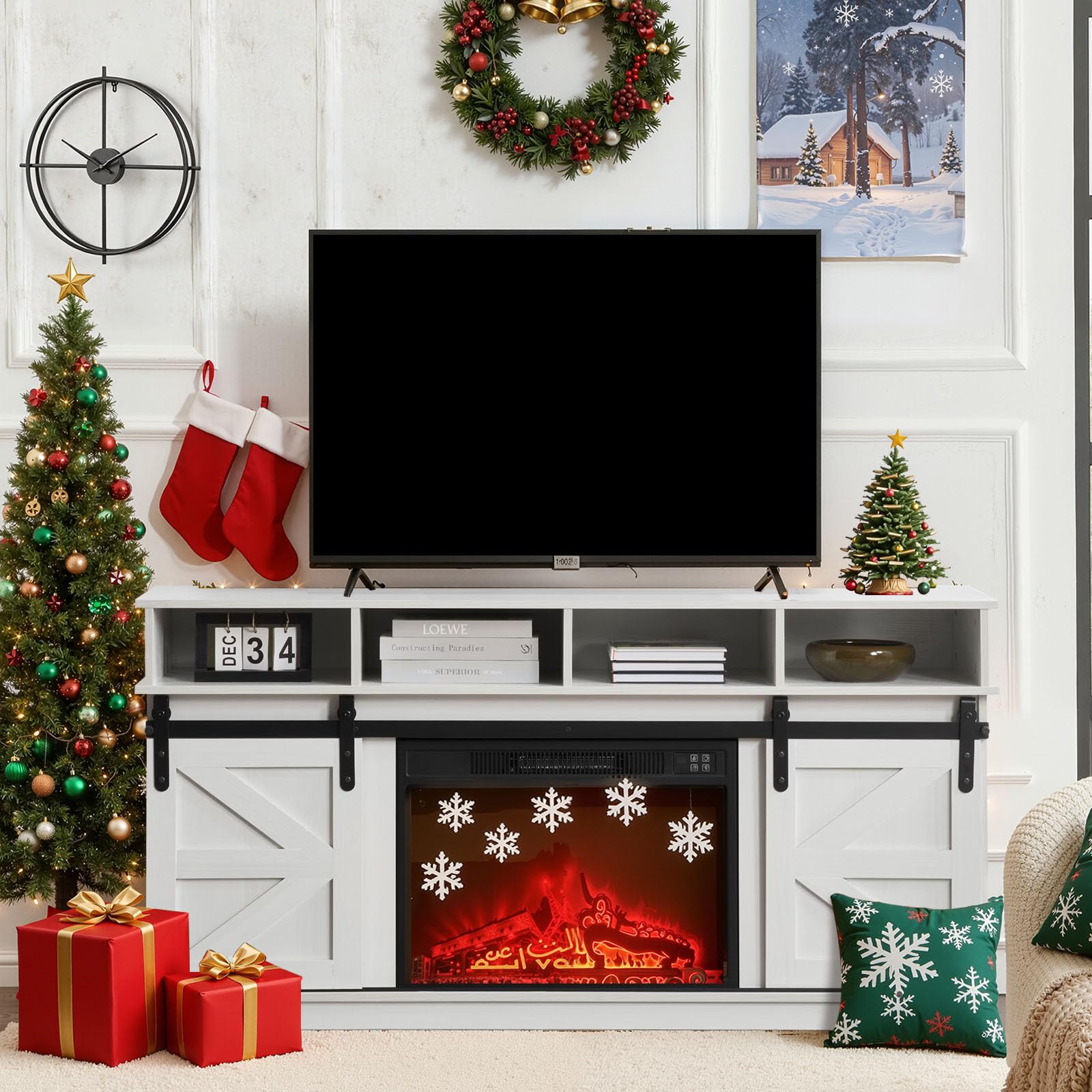 Photo 1 of **SELLING FOR PARTS. MAJOR DAMAGE TO MULTIPLE SMALLER PIECES**ComeWay Fireplace TV Stand for up to 65 Inch TVs, Farmhouse TV Stand with Open Shelves & Rustic Sliding Barn Doors, Mid Century Modern Wood Entertainment Center for Living Room Office, White