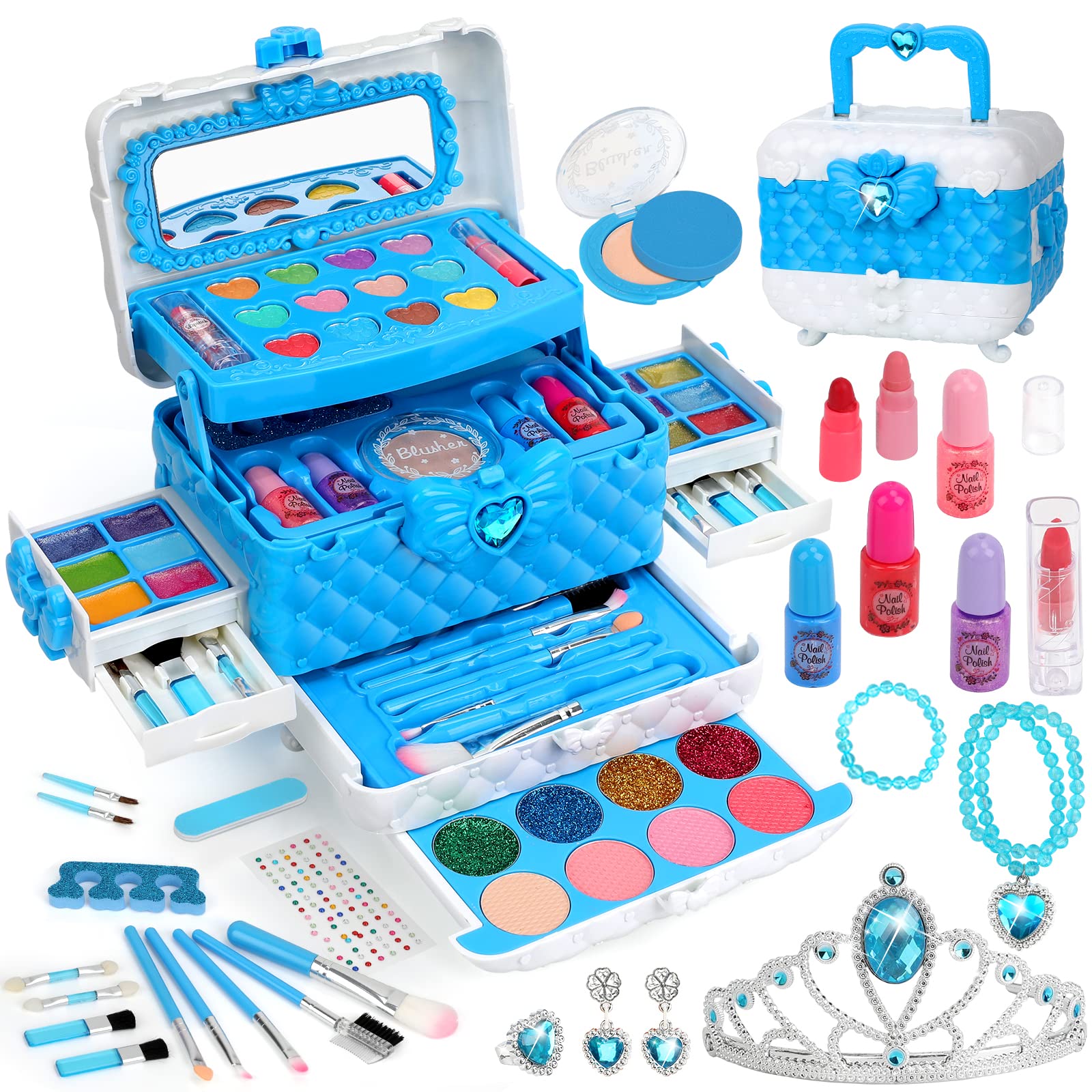 Teensymic Girls 60PCS Real Washable Makeup Kit, Princess Makeup Vanities with Accessories for Girls Age 3-12