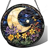 JOSUMALY Stained Glass Window Hanging - Blue Night Sky Moon Suncatcher for Door Terrace Garden Home Decor Wildflowers Sun Catcher Birthday Gifts for Lovers Women Men Dad Mom Nana 6.3 in