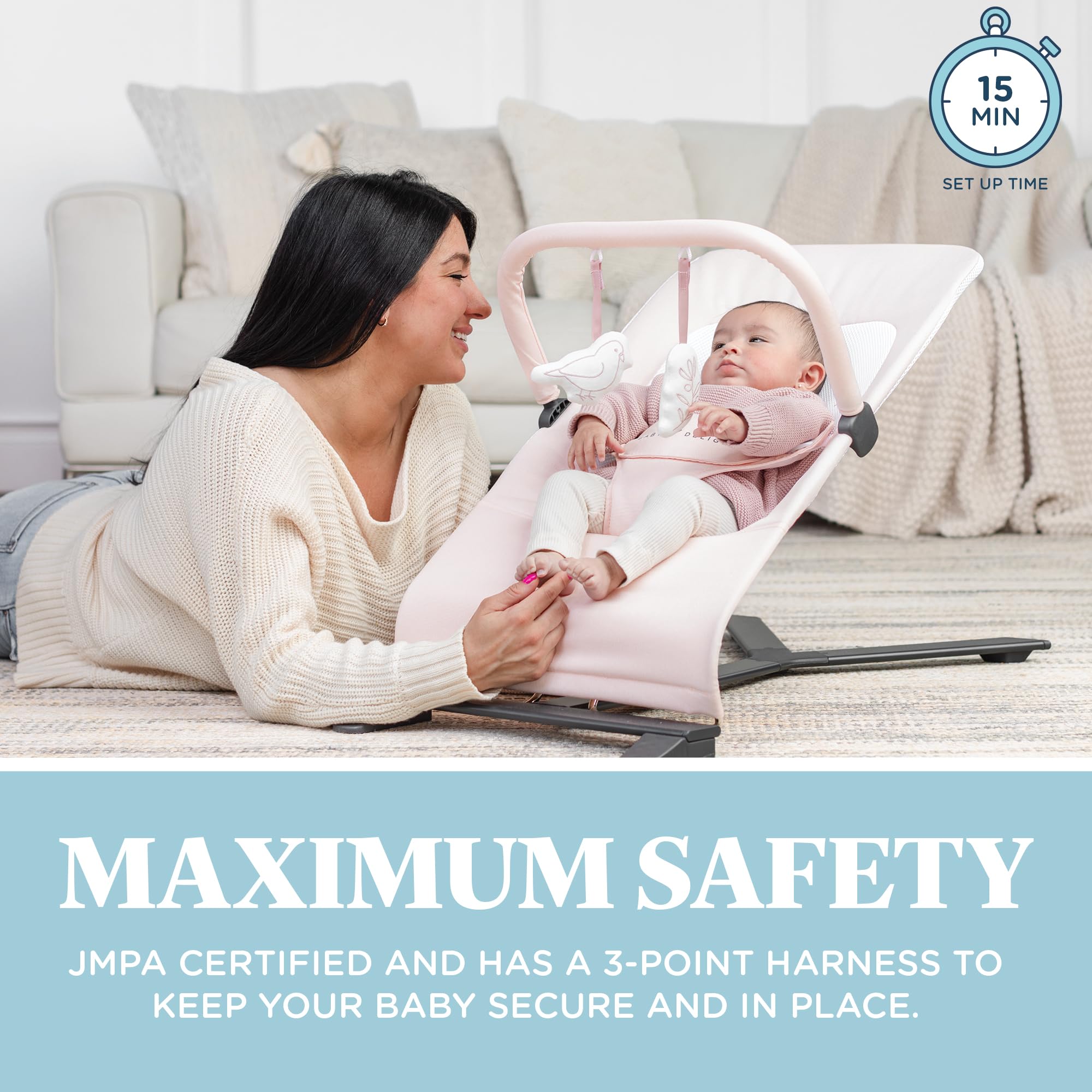 Baby Delight Alpine Deluxe Portable Bouncer | Infant | 0 – 6 Months | Peony Pink