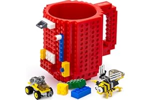 TOYAMBA Build-on Brick Mug BPA-Free Funny Coffee Mug with 3 Packs of Building Bricks, Funny Cups for Kids - Creative Building Block Mug DIY Idea 16OZ (Red)