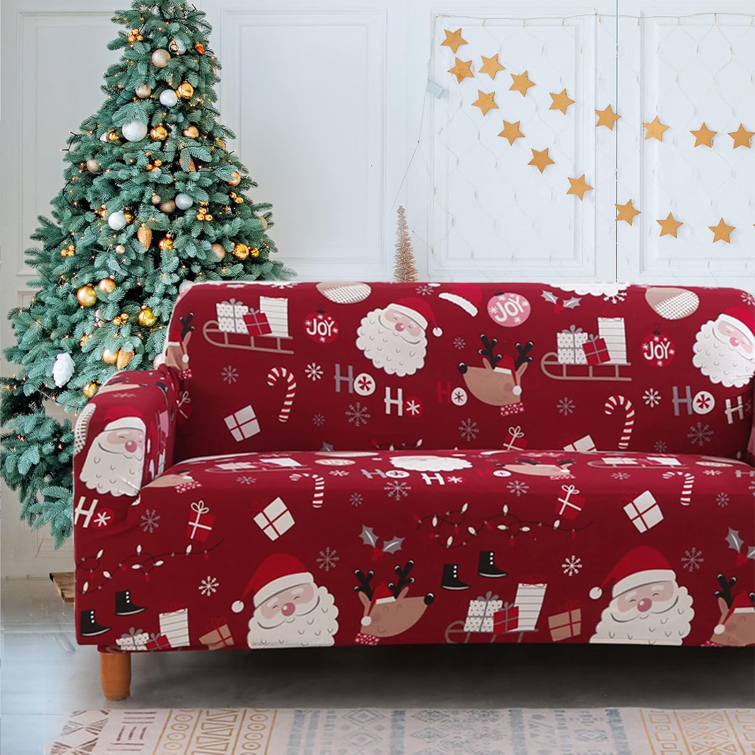Slipcovers - Mybedsoul Christmas Sofa Cover Santa Claus Printed Sofa Couch Cover Washable Furniture Protector with Elastic Bottom Xmas Home Room Festival Decoration(3 Seater)