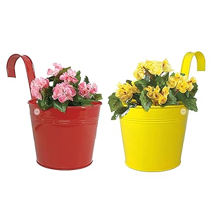 GIG Handicrafts Metal Round Railing Planter (27 x 18 x 26 cm) (Red & Yellow)