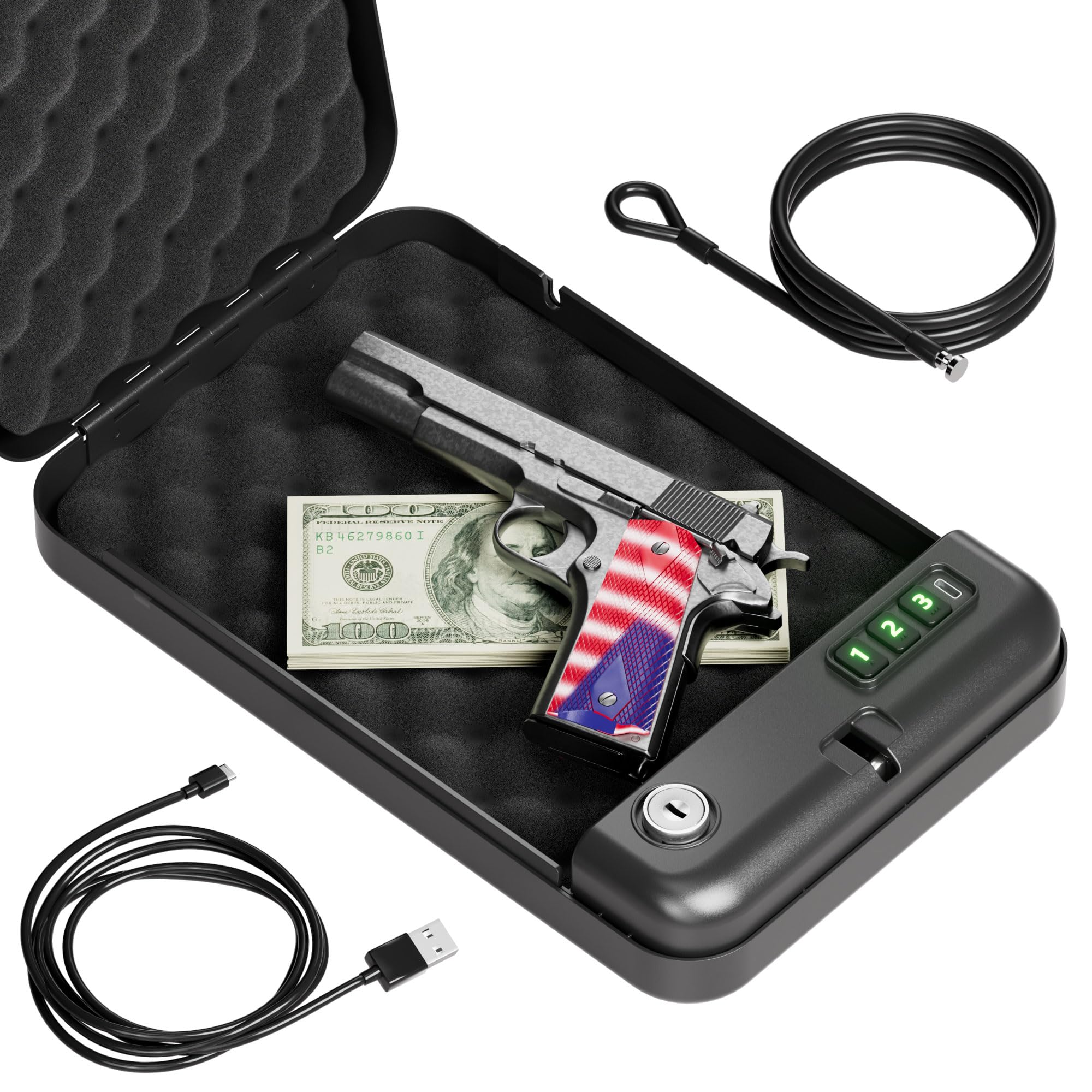 Photo 1 of *Missing Parts - See clerk notes*
Grimtron Portable Pistol Safes – Electronic Lock Box & Key Access, Silent Mode, Compact Car Gun Safe for Handgun, Small Single Safe for Travel, Office, Dorm Use