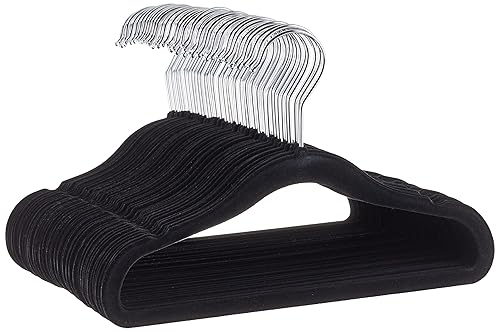 Amazon Basics Kids Velvet, Non-Slip Clothes Hangers for Infant and Toddler, 11.6 Inches, Pack of 50, Black/Silver