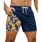 Gleeease 7inch Mens Swim Trunks: 2 in 1 with Compression Liner Stretch Quick Dry Drawstring Shark Pockets Beach Pool Vacation