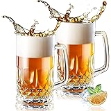 Momugs 32 Ounces Beer Stein Mugs - 2 Pack Extra Large German Style Clear Tall Beer Glasses for Men - Heavy Duty Thick Glass W