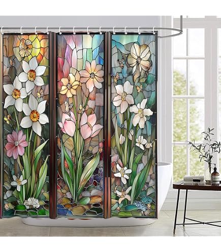 Farmhouse Floral Dragonfly Shower Curtain - Colorful Wildflower Bathroom Decor 71x71 Inches - View #6