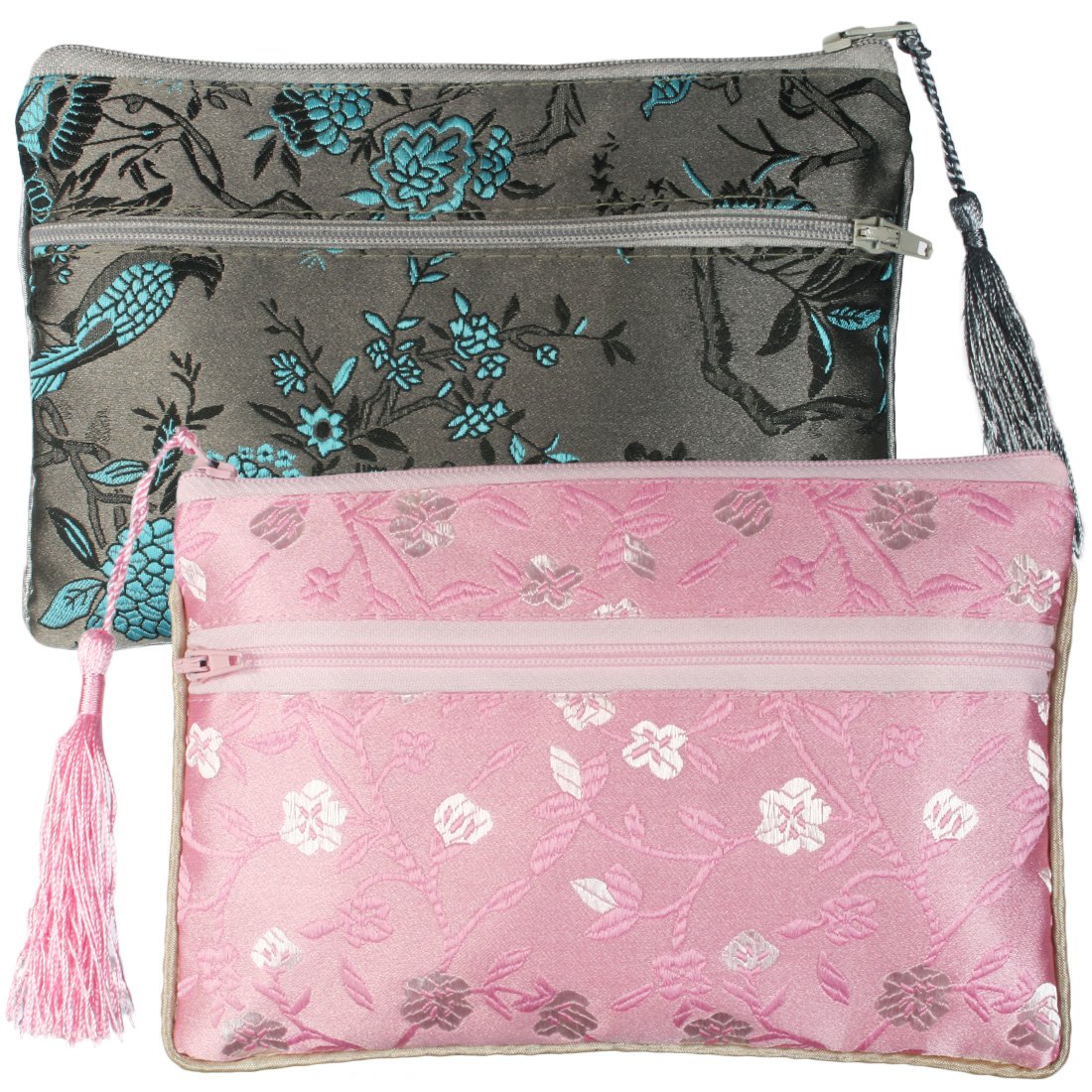kilofly Chinese Silk Brocade 2 Zipper Pockets Tassel Jewelry Pouch Bag, Set of 2