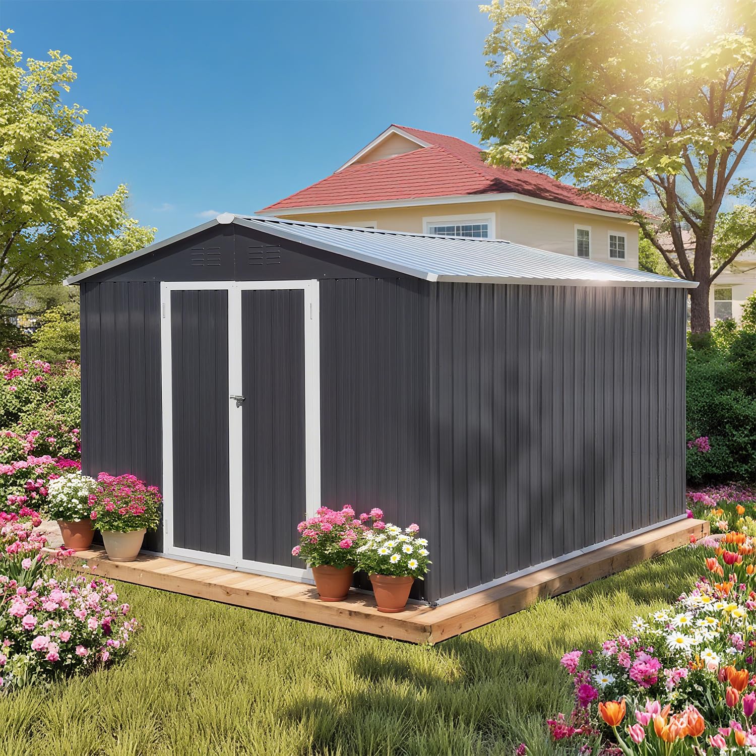 Photo 1 of 10 x 8 FT Outdoor Storage Metal Shed, Bike Garden Tool Shed with Slooping Roof, Lockable Doors and Aluminum Frames, Shed Easy to Assemble for Garden, Patio, Lawn, Black