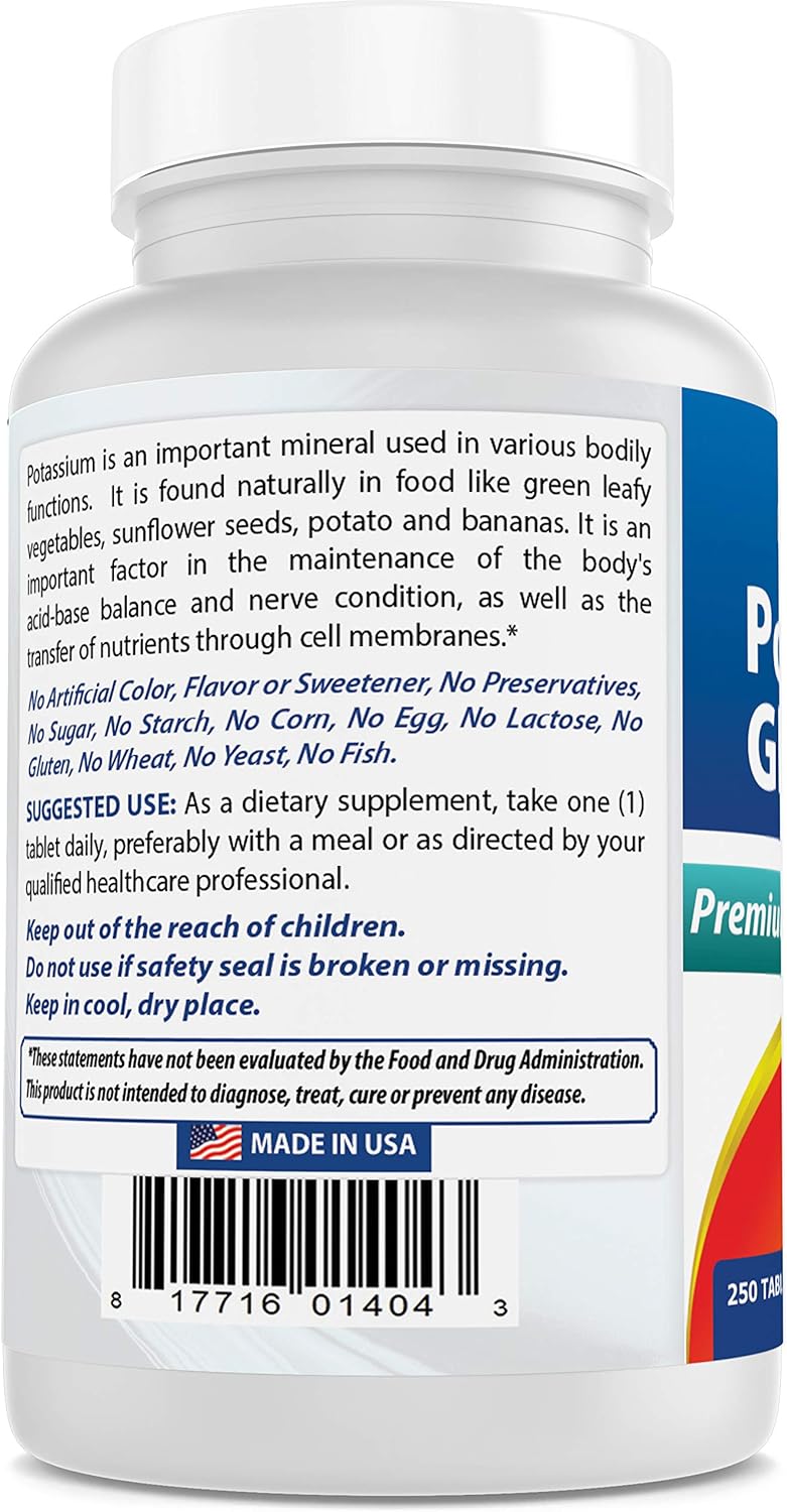 Best Naturals Potassium Gluconate Supplement 595 Mg Tablet, 250Count: Health & Personal Care