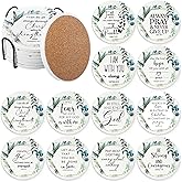 FillTouch Set of 12 Christian Bible Verse Coasters Bulk Gift Religious Ceramic Cork Backing Absorbent Coaster with Holder for Easter Women Men Church Kitchen Decorations (Leaf Style)