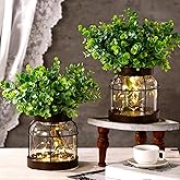 Yiyiring 2 Set Vintage Glass Vase Rustic Farmhouse Lantern Decor with Artificial Plants Lights Decorative Clear Vase for Home Decor Floral Arrangement Dining Table Centerpieces(Eucalyptus Leaf)