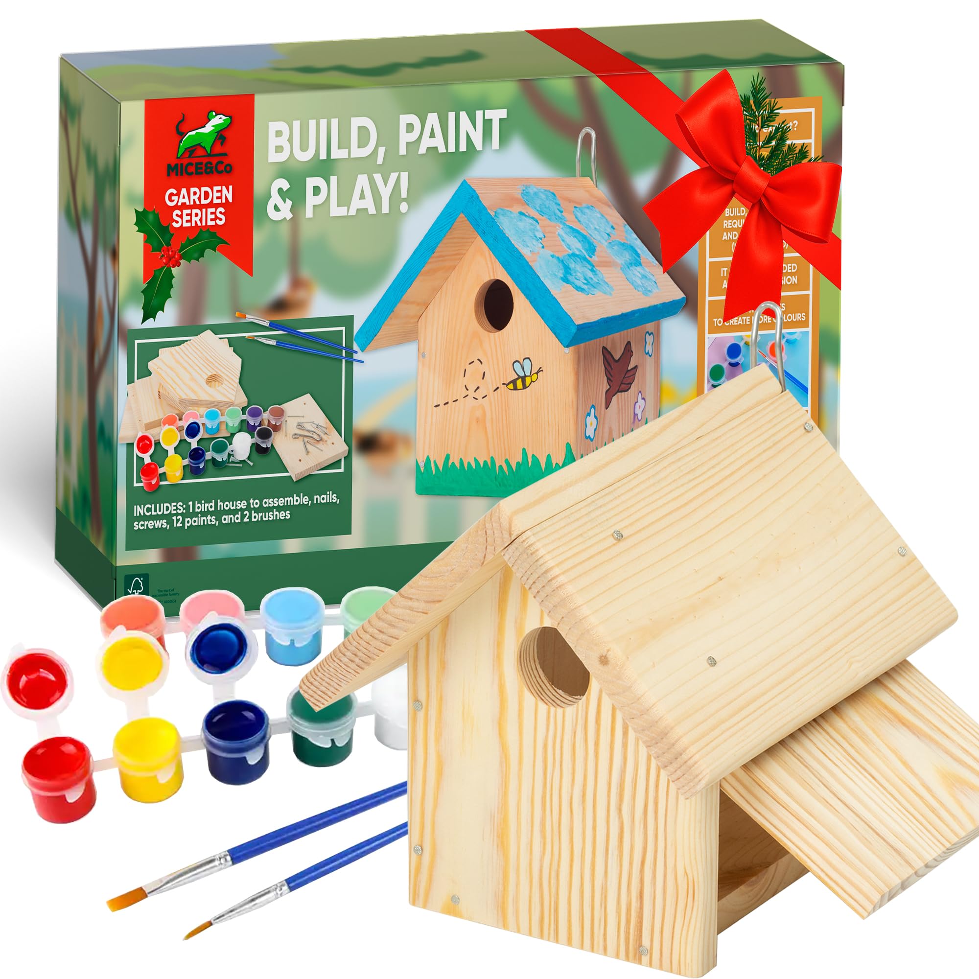 Mice&Co DIY Bird House - Wooden Nesting Box Kit, Mounting Kit with Colours, Outdoor Craft Set for the Garden, Ecological Bird Protection