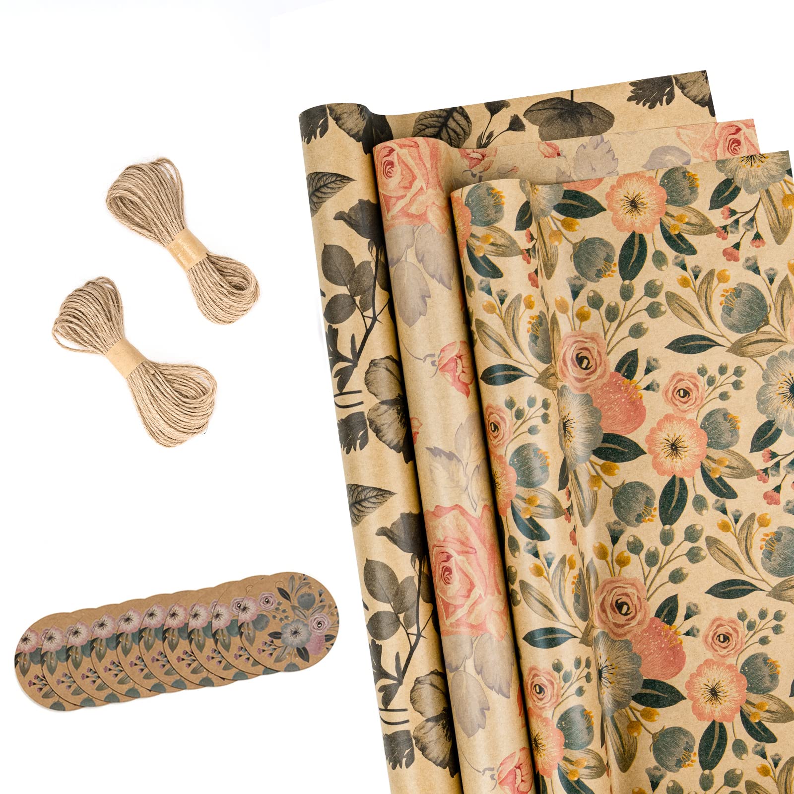 RUSPEPA Wrapping Paper Rolls with Tags, Jute String - 43 cm x 3 Meter per Roll, Total of 3 Rolls, Flowers