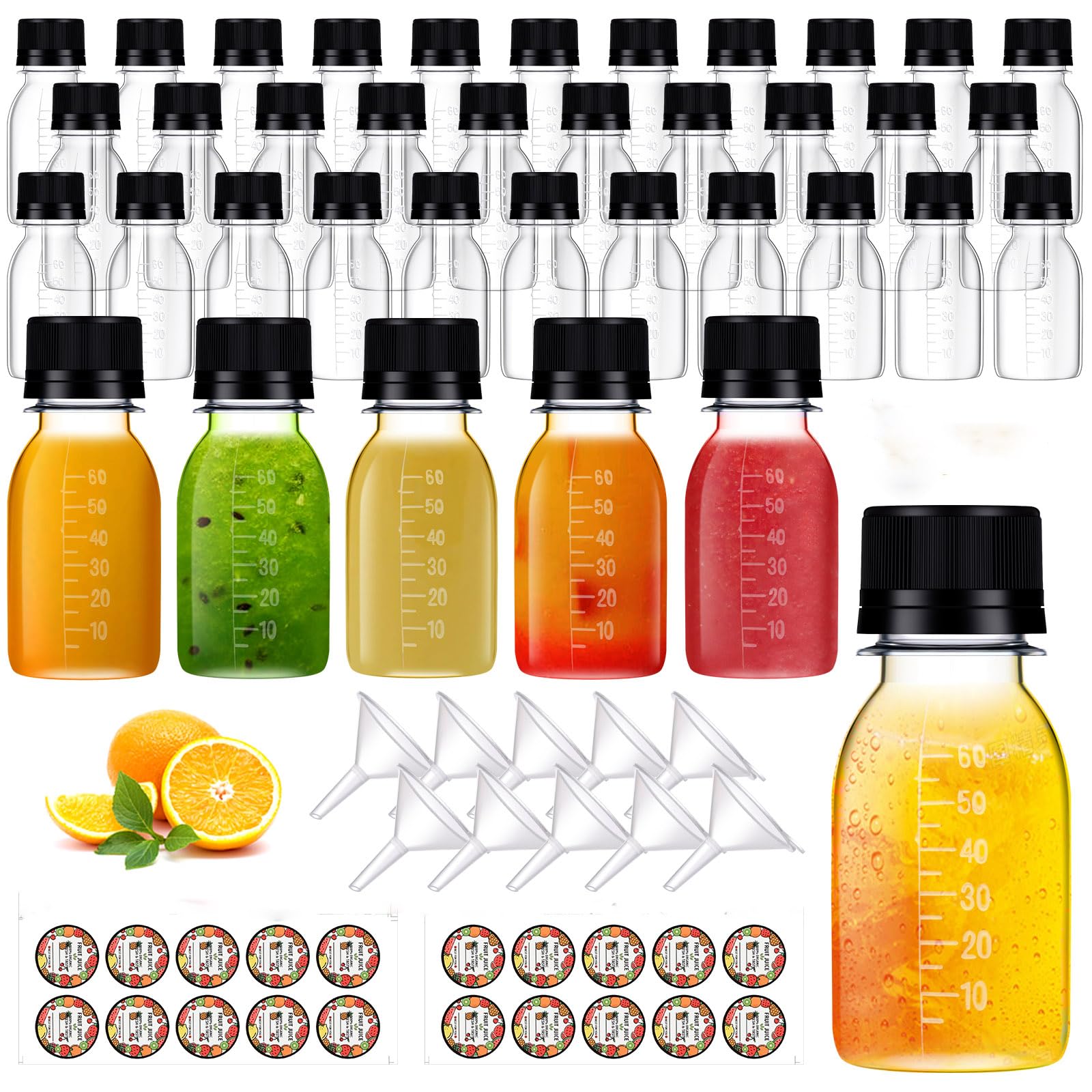 Photo 1 of 100 Pcs 2 oz Plastic Juice Shot Bottles with Caps, Clear Ginger Shots Bottles with Lids, Mini Jar for Liquids with Scale and Labels Portable Mini Containers for Ginger Juice Milk (Black Caps, 2OZ)
