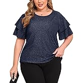 ZOMVA Women's Plus Size Sparkly Top Glitter Blouse Short Ruffle Sleeves Dressy Shirt Elegant Party