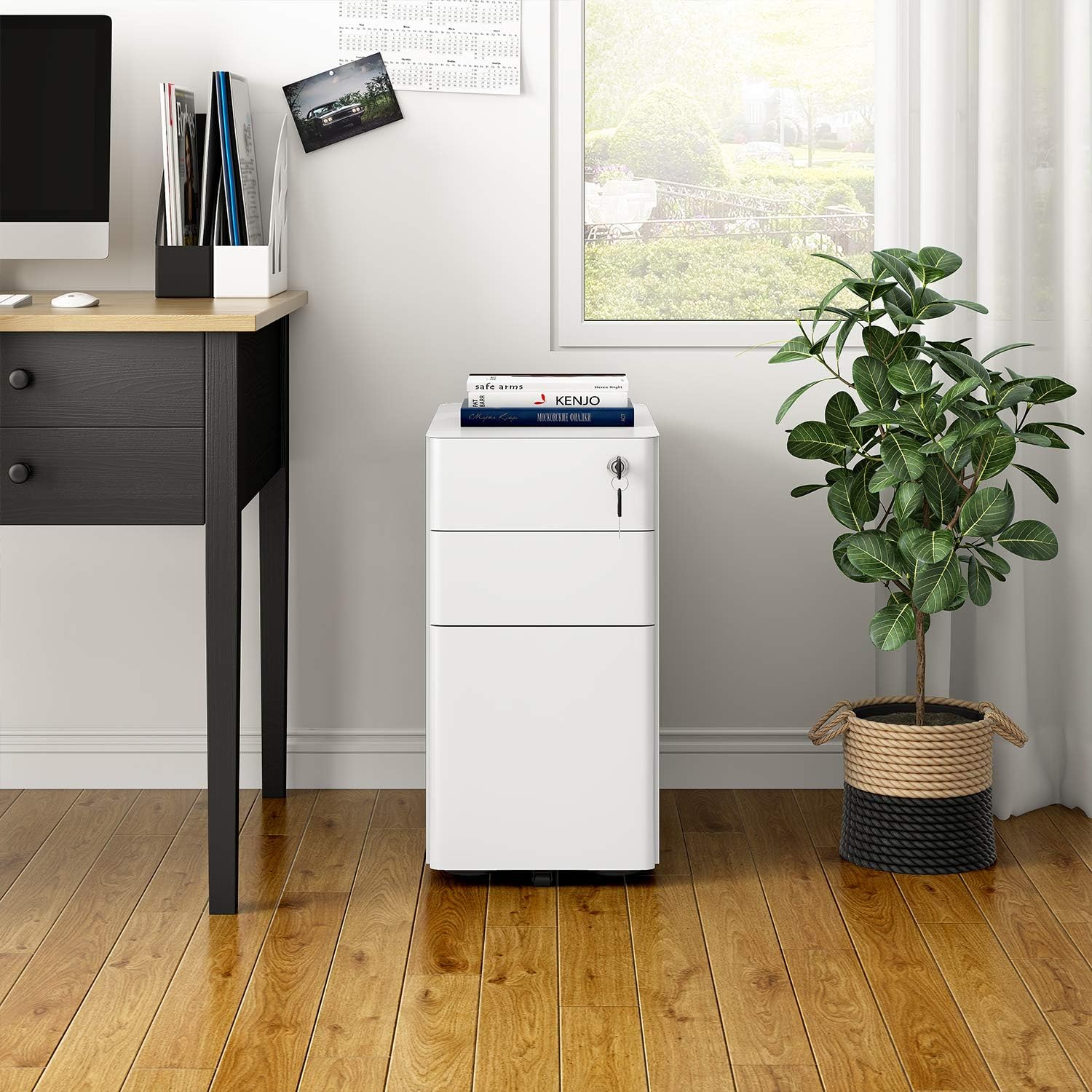 REYADE 3 Drawer Mobile File Cabinet, Slim Metal Office Storage Cabinet with Lock, Under Desk Office Pedestal File Cabinet, Fully Assembled, Suitable for Legal/Letter/A4 File, White: Kitchen & Dining