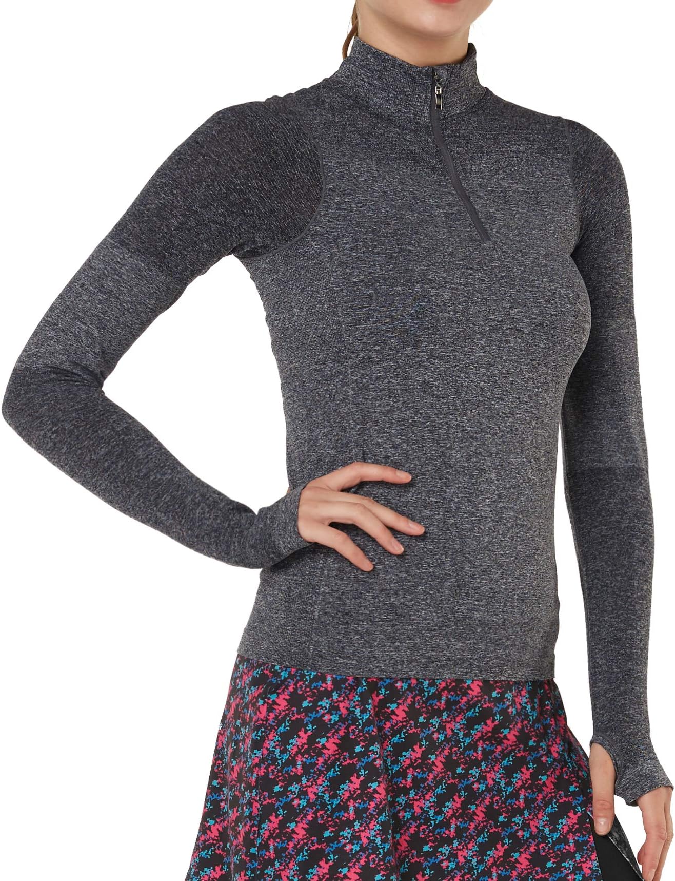 Women Quarter Zip Pullover Athletic Activewear with Thumb Holes Long Sleeve Running Top
