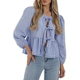 PRETTYGARDEN Women's Spring Fall Babydoll Peplum Blouse Shirt Puff Long Sleeve Bow Tie Front Trendy Cute Y2K Going Out Tops