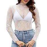 CEROROW Womens Mesh Long Sleeve Tops Mock Neck Sexy See Through Tee Shirts Party Club Night Lace Blouse