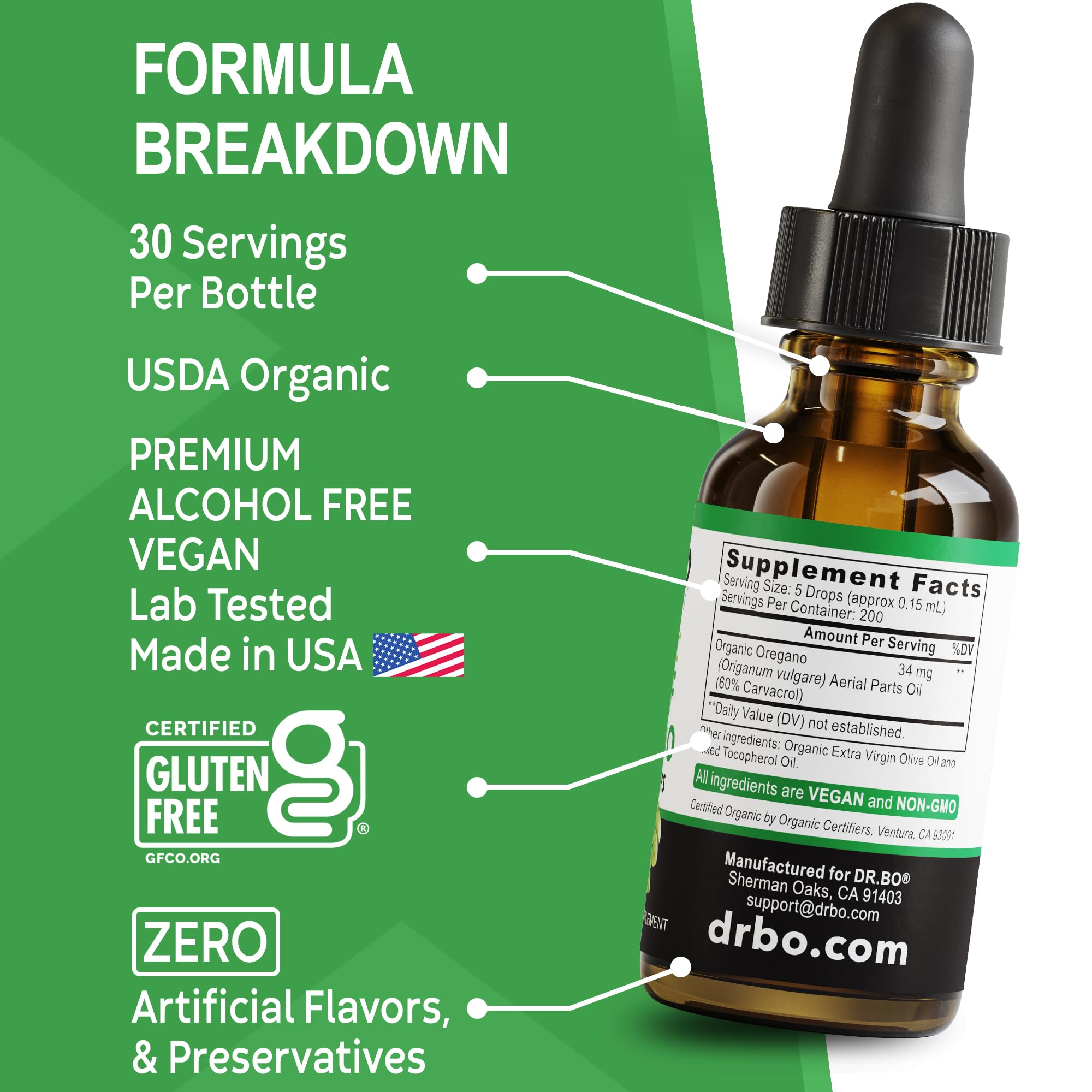 Oregano Oil Organic Liquid Drops - 6 Month Supply Organic Oil of Oregano Drops Liquid Tincture Extract, Cleanse, Detox, Immune Support, Digestive Gut Health - Pure Vegan Non-GMO Herbal Tincture 1 oz