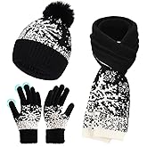 MS.ING Winter Hat Scarf Gloves Set for Women Fleece Lined Knit Beanie Hat with Pom Pom Touchscreen Gloves Long Scarf