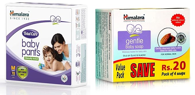 Himalaya Total Care Baby Pants Diapers, Medium, 78 Count and Gentle Soap Value Pack, 4 * 75g Combo