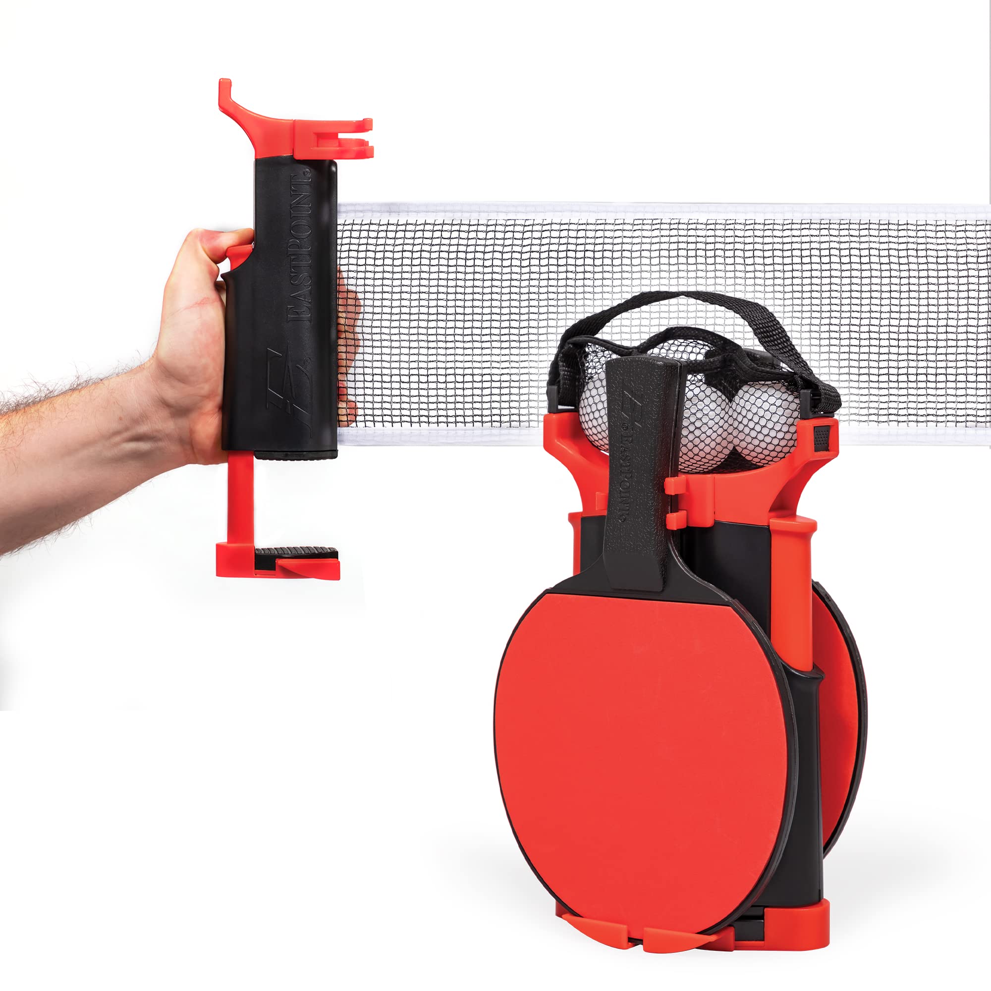 Photo 1 of EastPoint Table Tennis Net & Paddle Set - 2 Paddles, 3 Balls, Red/Black - Retractable Ping Pong Net Clamps to Surfaces Up to 60 in - Portable Ping Pong Set - Rackets for Table Tennis Practice