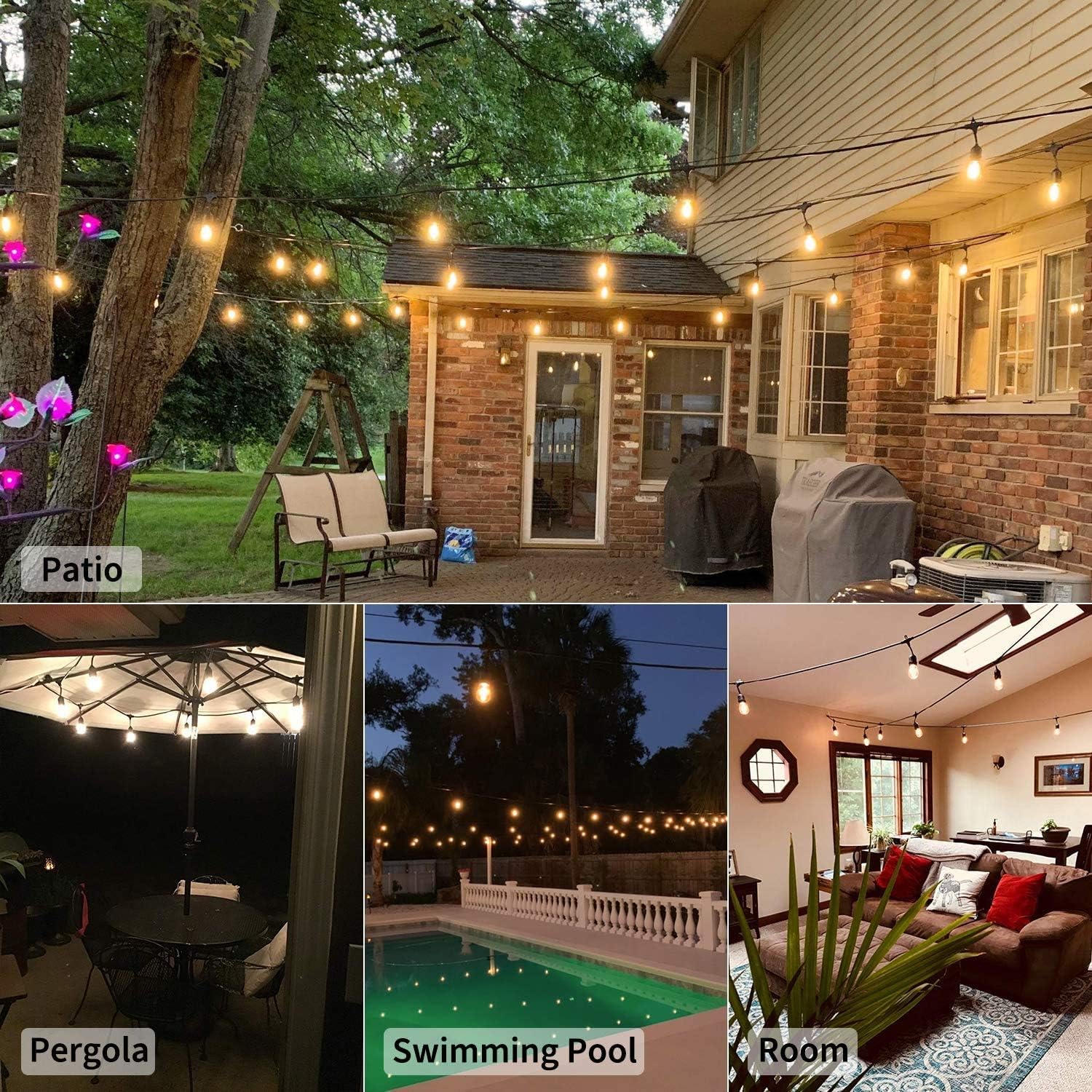 Minetom 48Ft LED Outdoor String Lights with 15 Shatterproof Energy Saving Bulbs, UL Listed Commercial Grade Connectable Weatherproof Strand for Patio Deck Backyard Garden Wedding, Black Cord, 2700K - - 