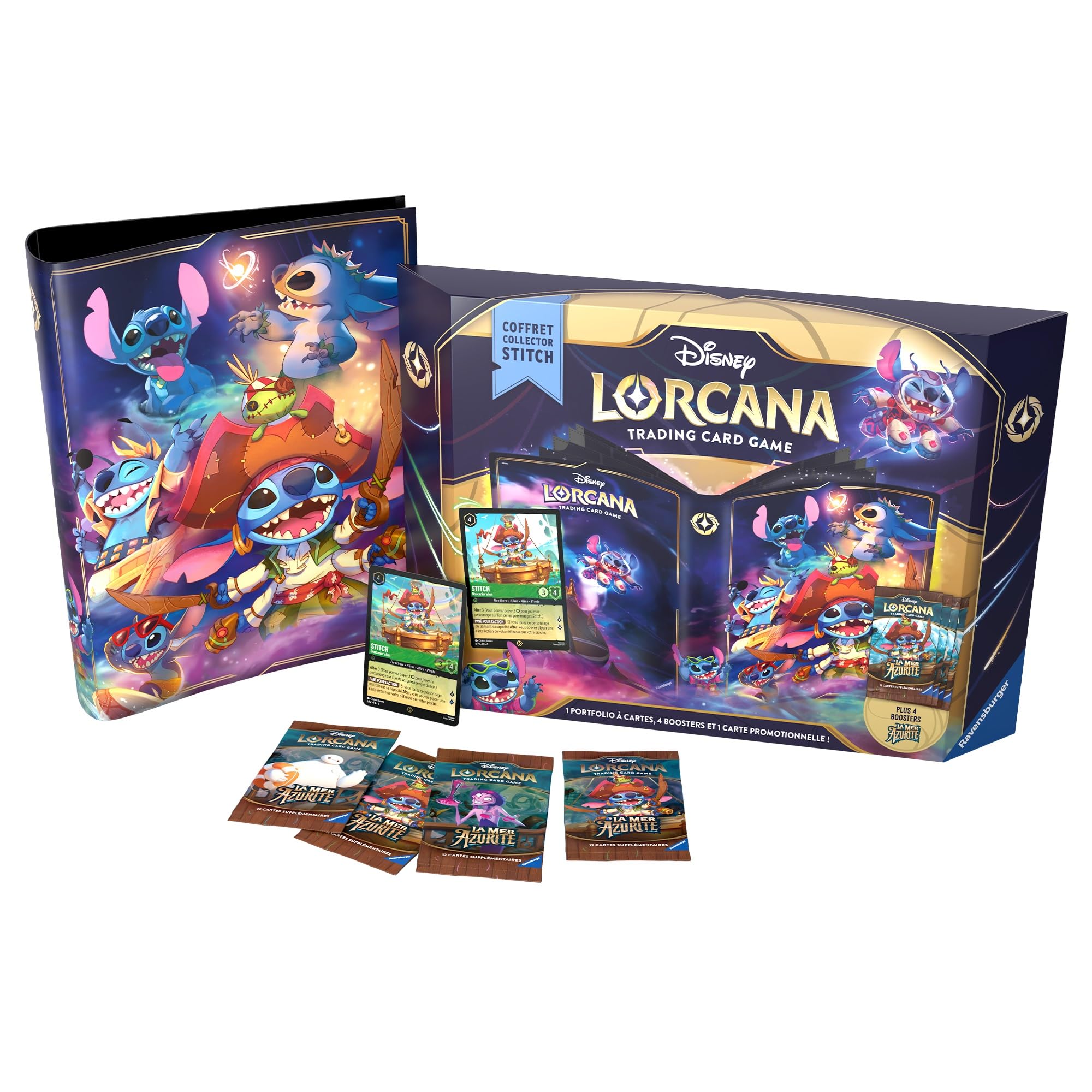 Ravensburger - Disney Lorcana TCG - Set 6 The Azurite Sea - Collector's Gift Box - Bright Stitch Card - 4 Boosters of 12 Random Cards - Portfolio - French Version