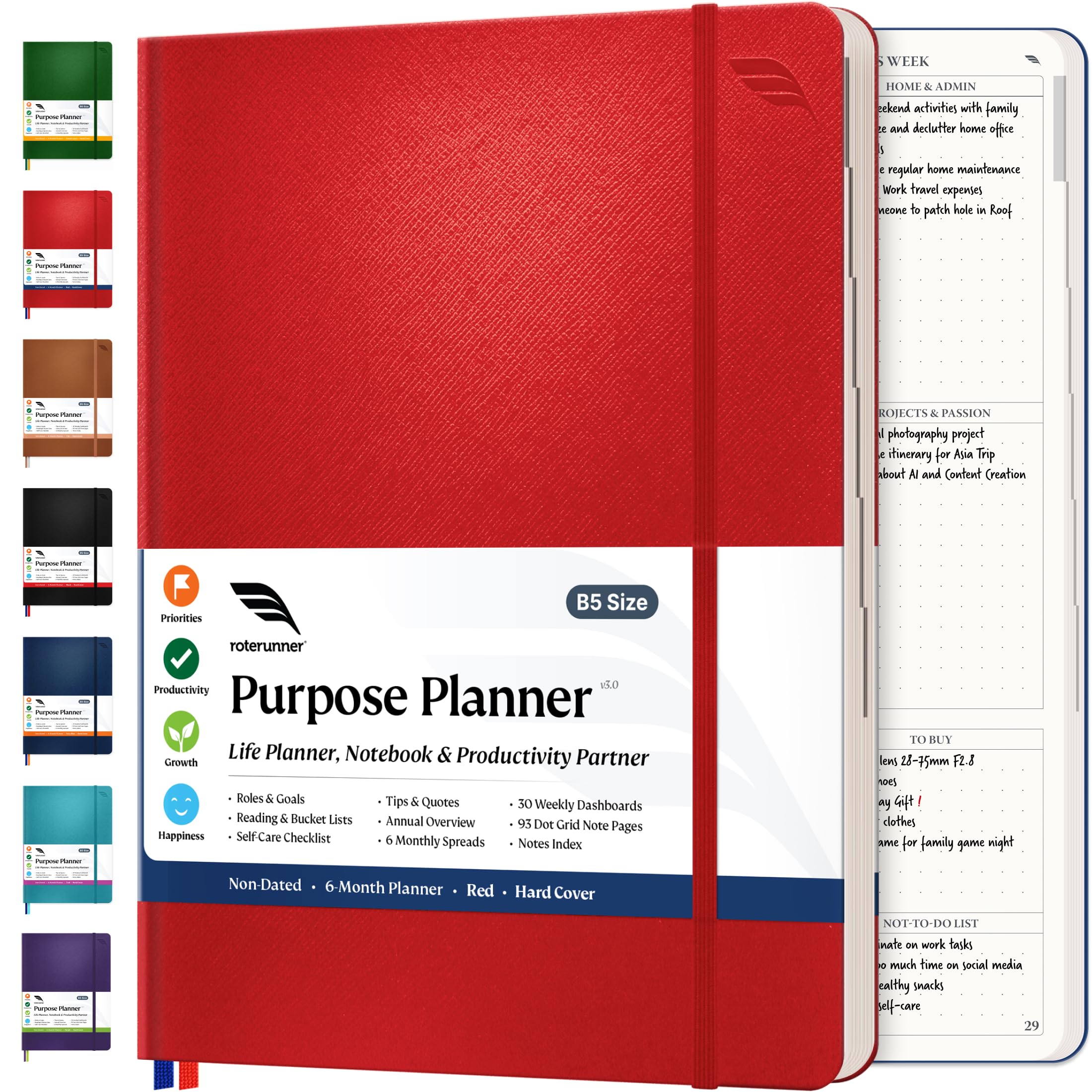 Roterunner Purpose Planner Notebook B5 7.5”x9.8” Undated Planner 2025 Daily Weekly and Monthly Productivity Goal Setting Tool for Work Home