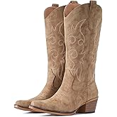 IUV Cowboy Boots For Women Western Cowgirl Boots Mid Calf Snip Toe Boot With Chunky Heel