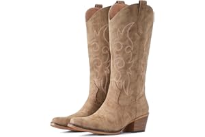 IUV Cowboy Boots For Women Western Cowgirl Boots Mid Calf Snip Toe Boot With Chunky Heel