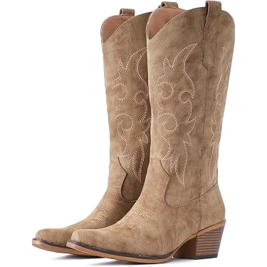 knee length dresses for ladies Vertundy Women's Fringe Boots Kitten Heel Pointed Toe Mid Calf Boots