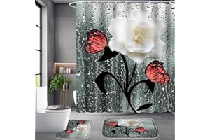 Poedist 4 Pcs Shower Curtain Set, White Gardenia Bathroom Set, FloralShower Curtain Sets with Rugs(Bath Mat,U Shape and Toilet Lid Cover Mat) and 12 Hooks