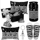 SiliFine 6 Pcs Halloween Gothic Dancing Skeleton Gift Set for Man Women | Includes 16 oz Plastic Tumbler, Makeup Pouch, Keychain, Socks, Skull Hair Clips, for Spooky Horror Party Favors for Friends