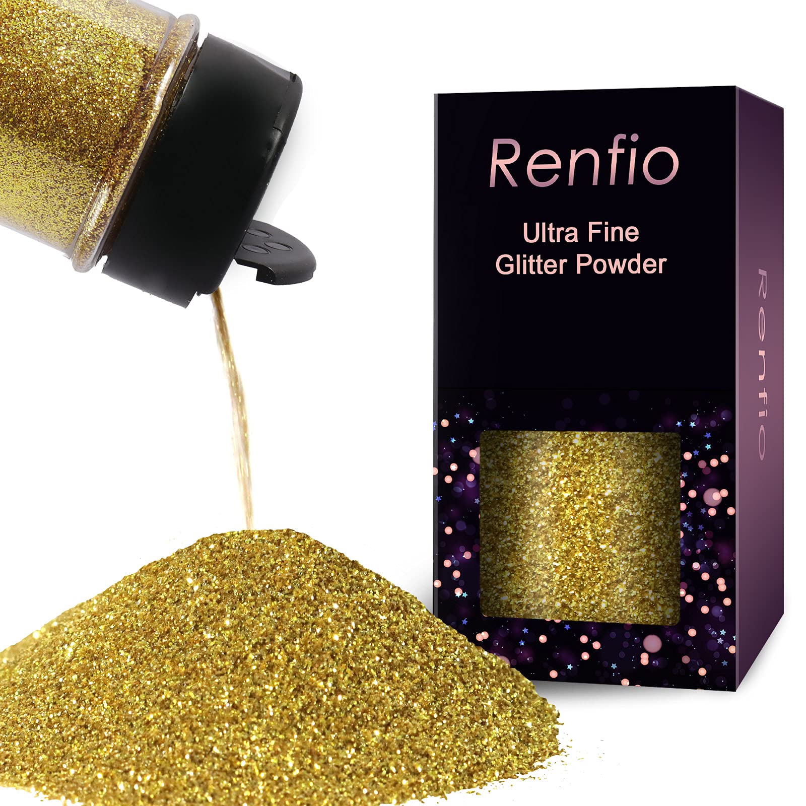 Renfio Ultra Fine Glitter Powder Metallic Resin Glitter 2.11 Oz (60g) Flakes Crafts Sequins Epoxy Chips Flakes for Tumblers Slime Painting Arts Nail Holiday Decoration - Golden