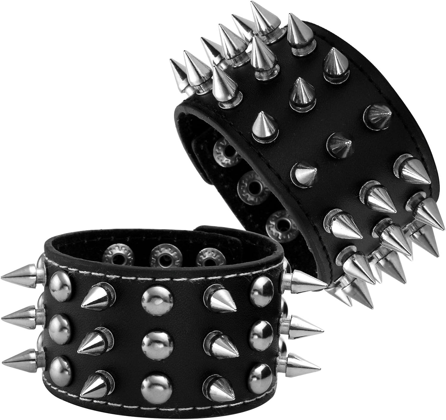 MILAKOO 2Pcs Spike Studded Rock Punk Biker Wide Strap Leather Bracelet Set Gothic Rivet Buckle Wristband for Men Women